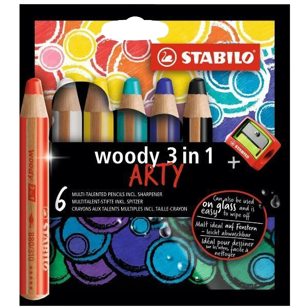 Pastelky STABILO Woody 3v1, sada 6 ks v pouzdru s ořezávátkem „ARTY"